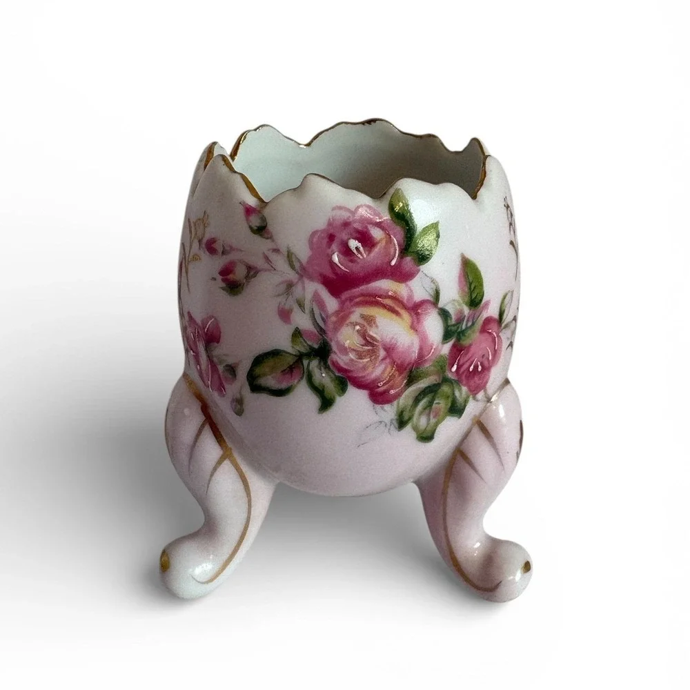Vintage Fine Quality Japan Porcelain Floral‎ Egg Vase Pink Rose Gold Gilt Tripod